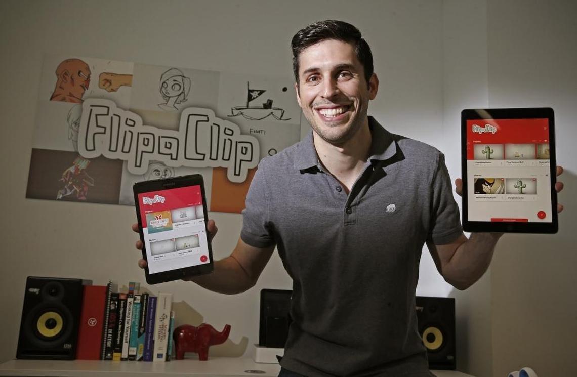 Jonathan Meson, who heads up the team behind Visual Blasters, at his downtown Miami office. The team’s app FlipaClip is a hit on Android devices and is now available on iOS.