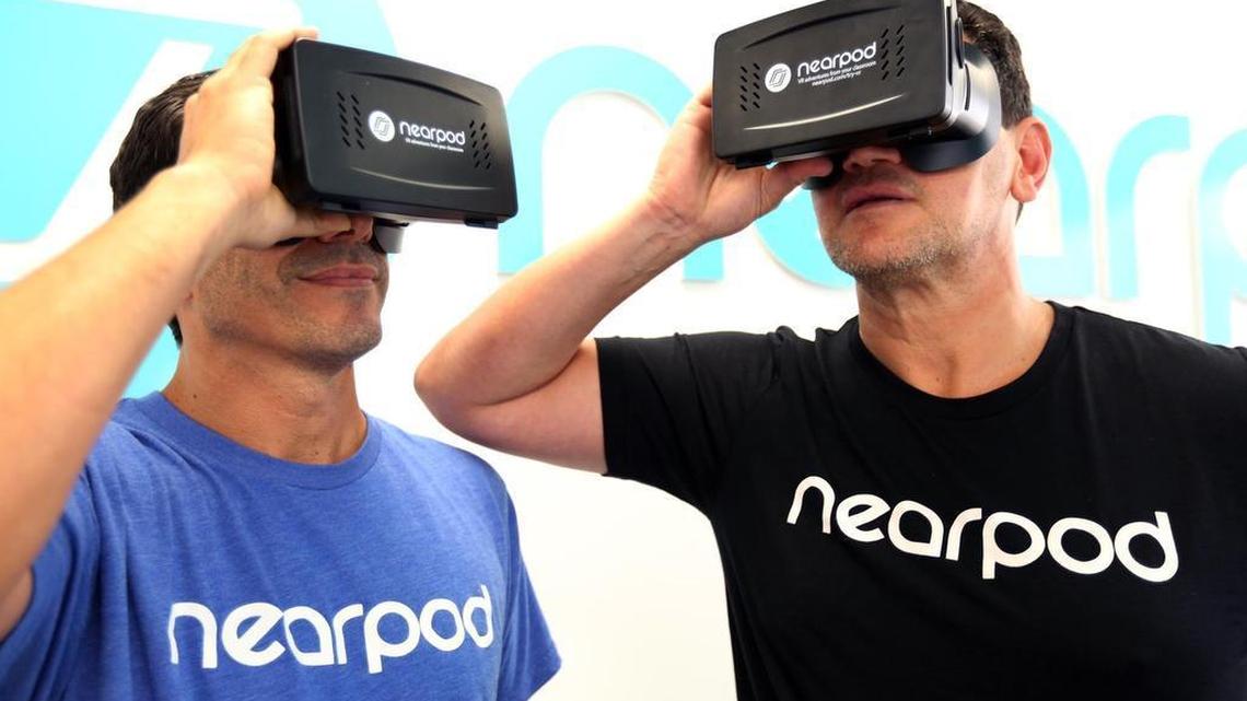 From left: Nearpod’s co-founder, Emiliano Abramzon, and president, Felipe Sommer, at the company’s offices in Aventura. Nearpod creates online educational content, including lessons via virtual reality.