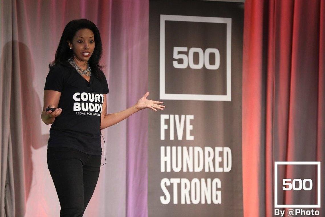 Kristina Jones, co-founder of Court Buddy, pitches at 500 Startups Demo Day.