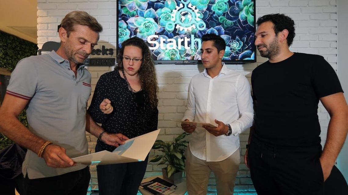 From left, at StartHub accelerator in Miami: Marc Thoumyre, VP of development at Remade U.S.; Megan Conyers, director of acceleration at StartHub; David Bensoussan, founder/managing director of StartHub; Ygal Senior of Seven Seas Foods.