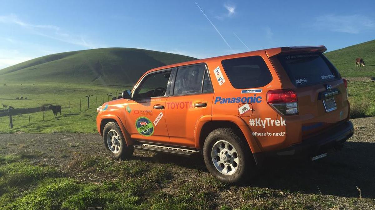 “Ky”, the Kymeta Across America experimental car with satellite-enabled “connected car” technology, rolled across America and through Miami this week. Here it’s shown in California.