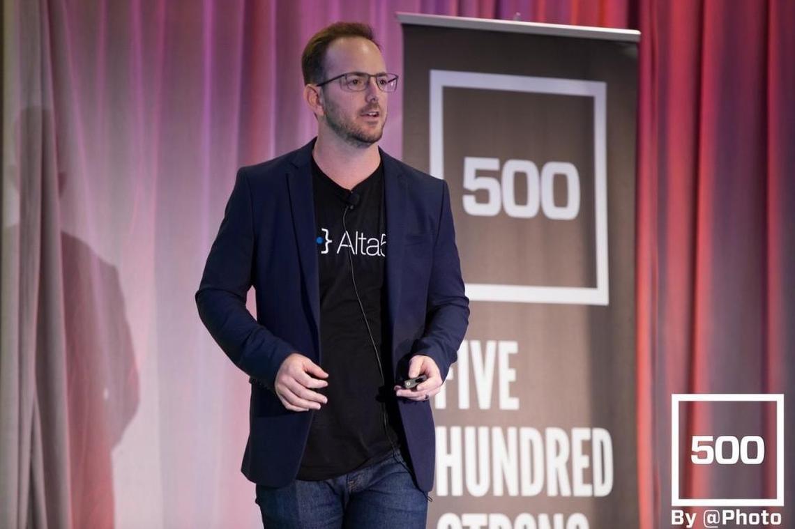 Rocco Savage, one of the co-founders of fintech startup Alta5, pitches at 500 Startups Demo Day in San Francisco.