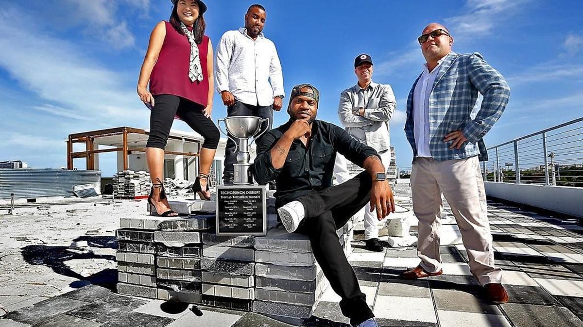 New World Angels Sandra Arber (left) and Gary Manheimer (right) get together with RecordGram founders, Grammy-winning music producer Winston “DJ Blackout” Thomas; Erik Mendelson, a music industry veteran; and hip-hop’s Shawn Mims on a rooftop in Wynwood. New World Angels invested in RecordGram.