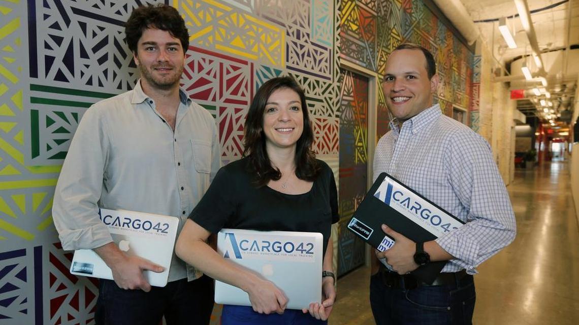 From left: Murilo Amaral, Francine Gervazio and Alfredo Keri, who together founded Cargo 42, at their company headquarters at 1951 NW Seventh Ave. in Miami.