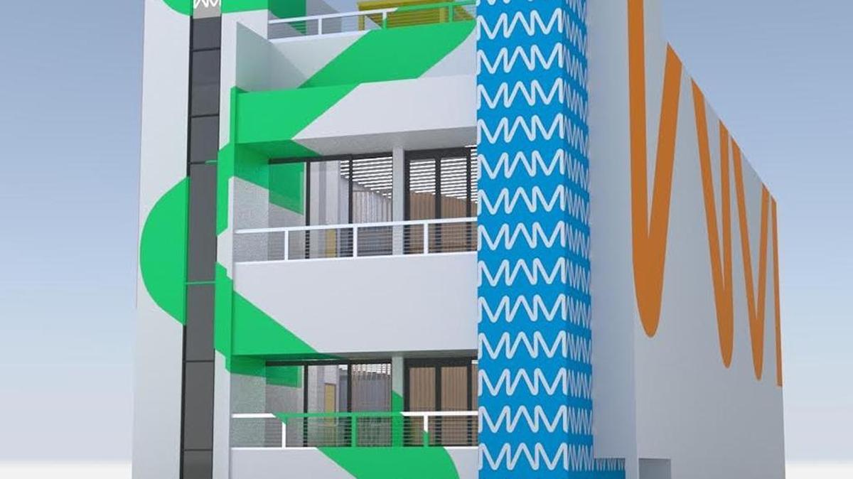 Rendering shows the front of the Miami College of Design under construction in Wynwood. The architect is Fred Nagler of Pompano Beach.