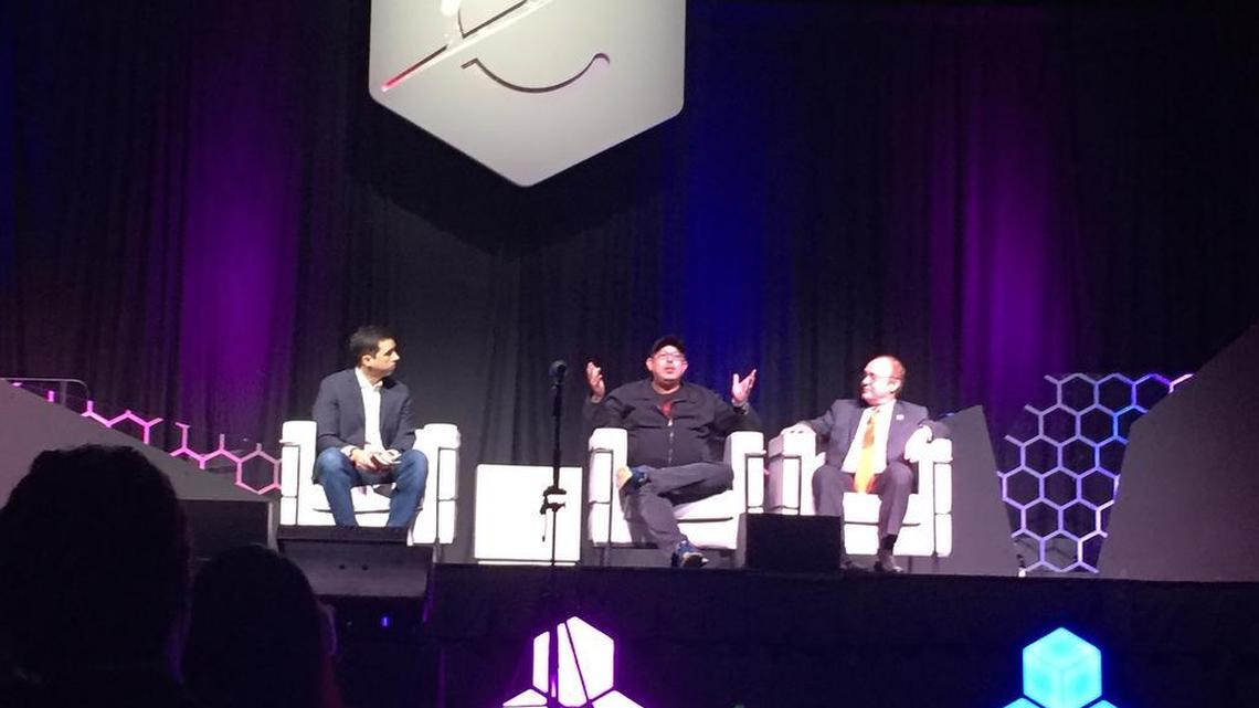At eMerge Americas, Magic Leap CEO Rony Abovitz shares the stage with with the Knight Foundation Miami program director, Matt Haggman, and Jean-Pierre Bardet, dean of University of Miami’s College of Engineering.