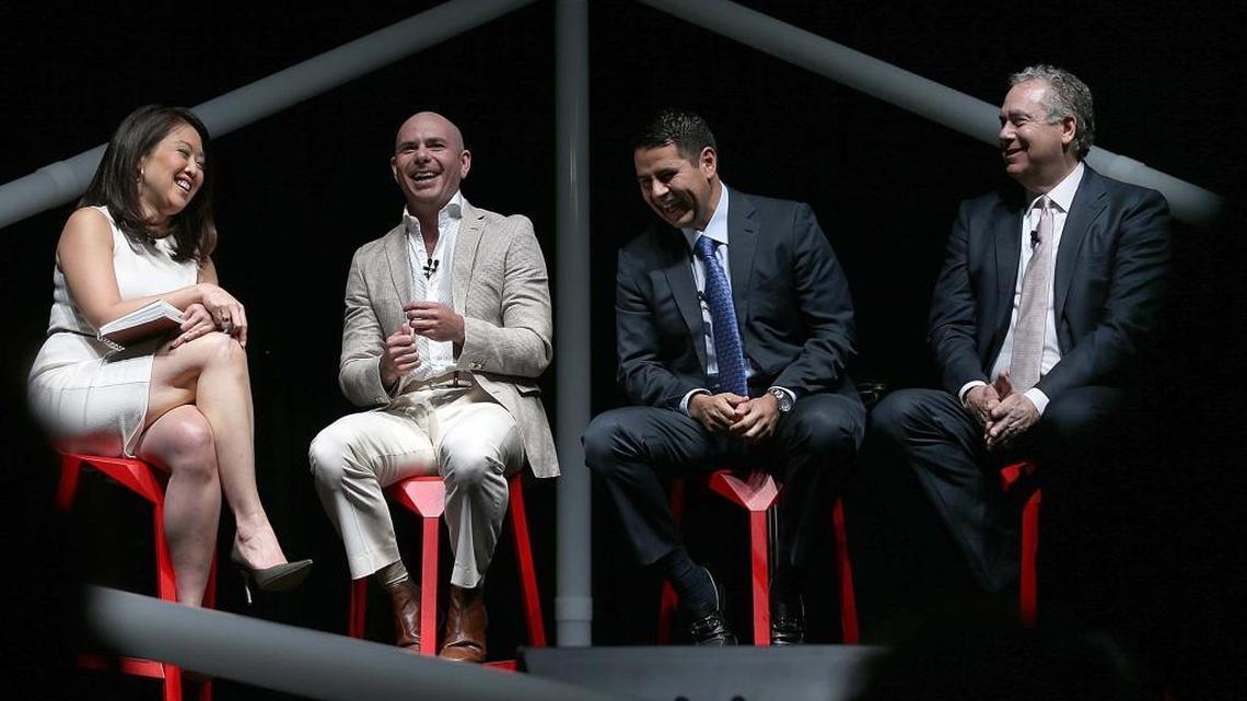 From left: CNBC anchor Melissa Lee; music icon/entrepreneur "Pitbull" Armando Christian Pérez; Cesar Conde, chairman of NBCUniversal Telemundo International Group and NBCUniversal Telemundo Enterprises; and Mark Hoffman, CNBC Chairman, talked about changing trends in music and media at eMERGE Americas.