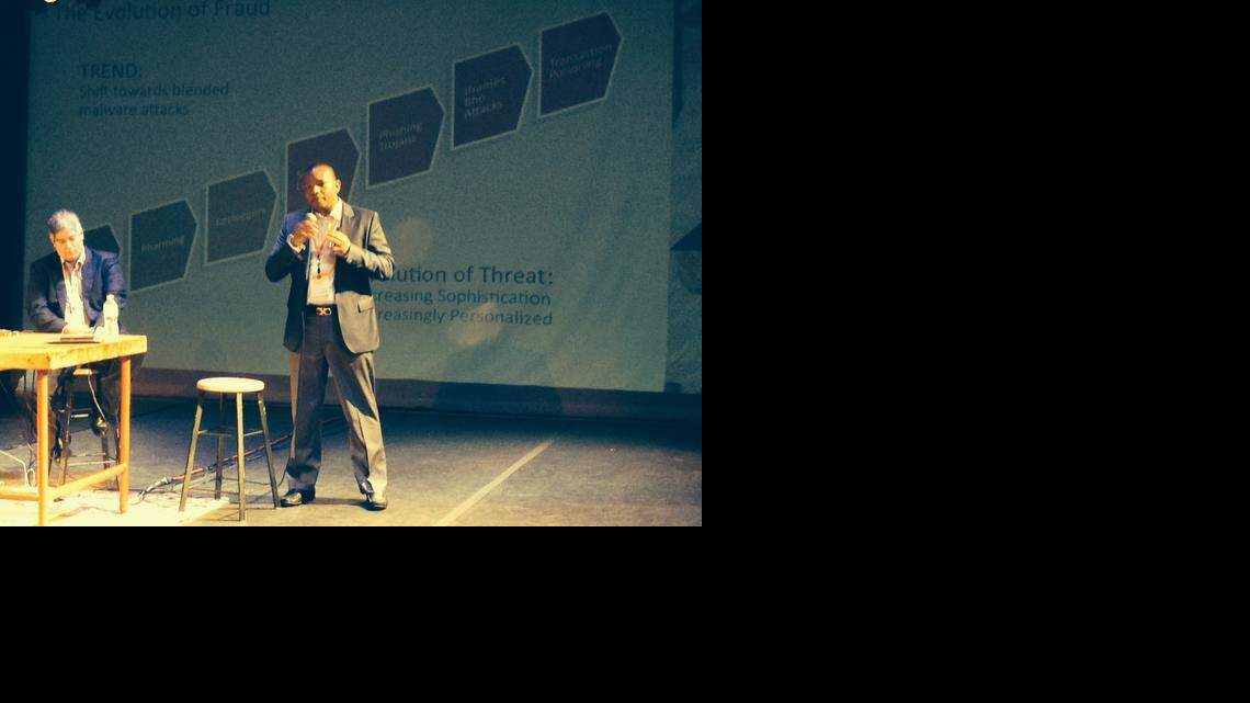 
Ricardo Villadiego of Easy Solutions talks about the history of cyber-fraud, in a panel discussion moderated by Faquiry Diaz Cala of Tres Mares Group at the inaugural Fintech Latam conference in Wynwood on Wednesday.
