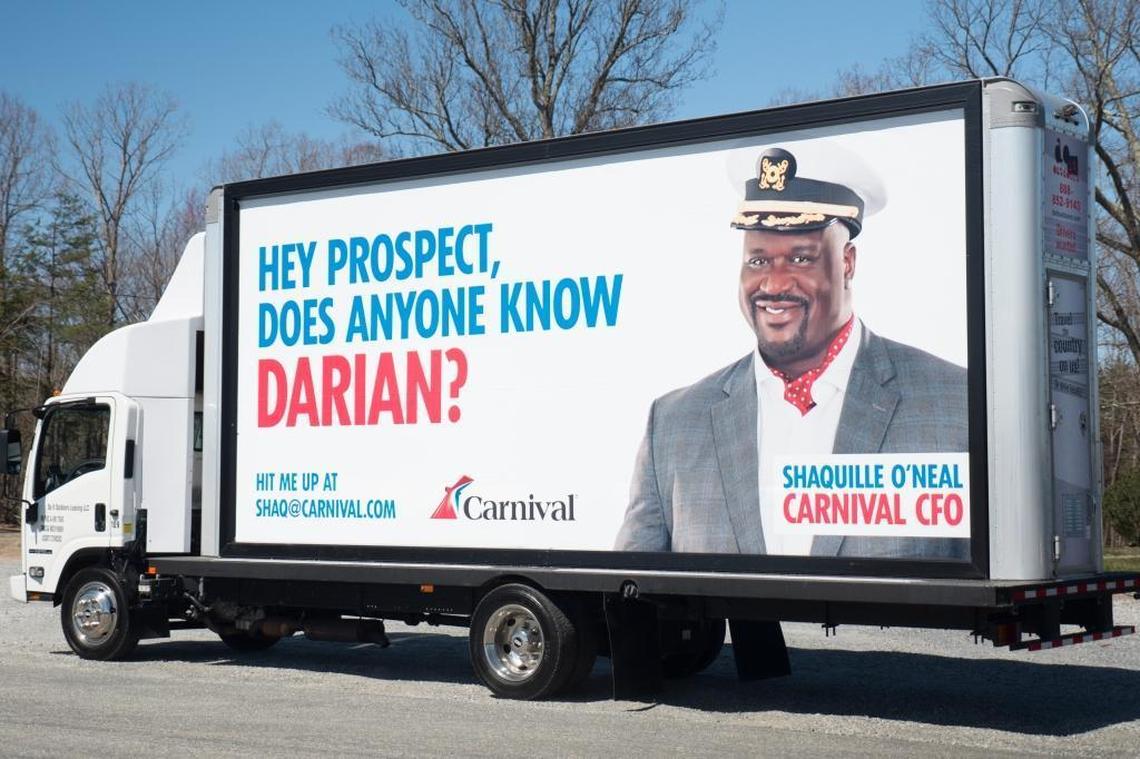 The signs Carnival Cruise Line put up in Prospect, Virginia, featuring Shaquille O’Neal, to get 16-year-old teen Darian Lipscomb to hand over his Snapchat handle — in exchange for a free cruise.