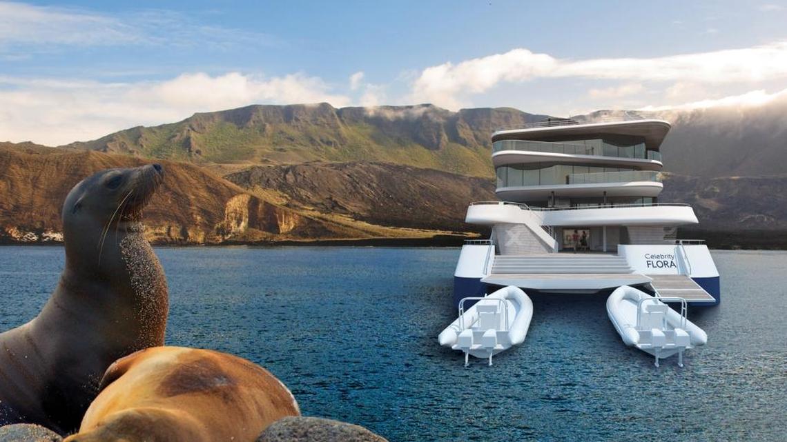 Rendering of the stern view on Celebrity Cruises’ upcoming vessel for the Galpagos Islands, Celebrity Flora. The ship will be able to operate two zodiacs, inflatable boats seen here, to disembark passengers, minimizing wait time.