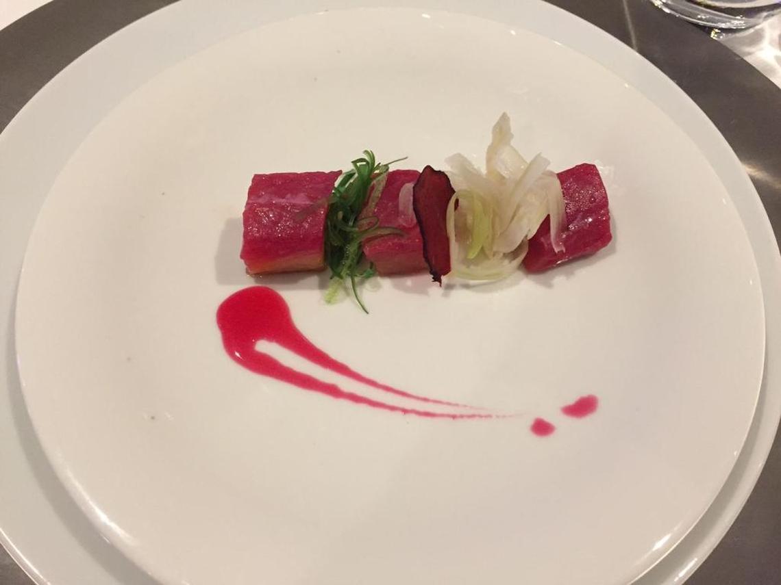 An artfully arrayed appetizer of beetroot gravalax with fennel slaw, served aboard the Scenic Jasper, 2016.