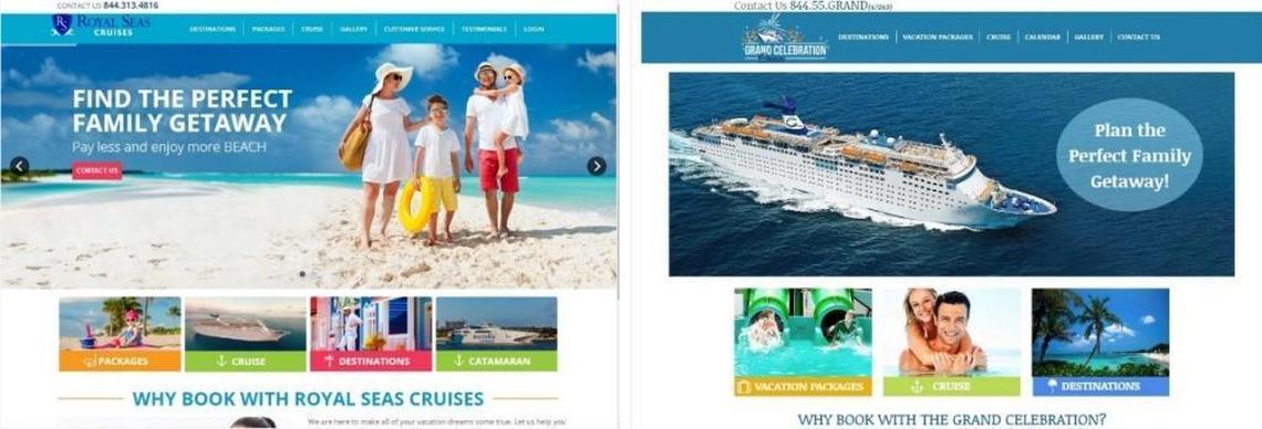 Side-by-side screen grabs of Royal Seas Cruises and Grand Celebration Cruises’ websites, which are very similar in design. Both companies are based in Florida and offer “free” cruise deals.