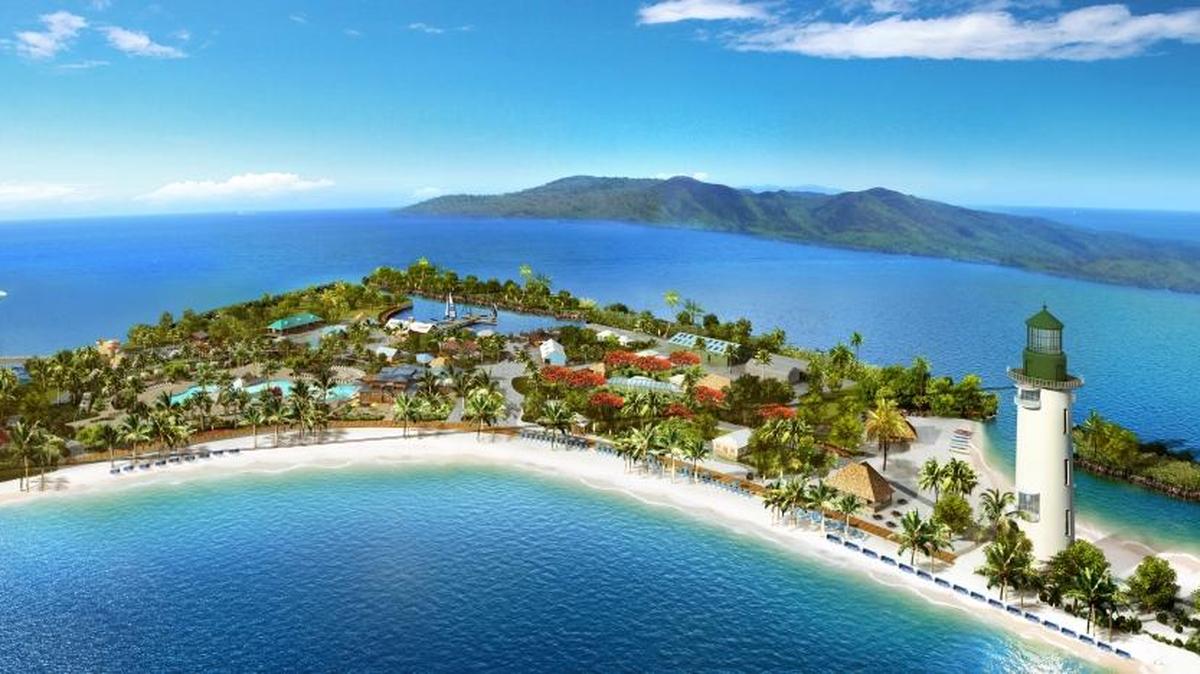 A rendering of Norwegian Cruise Line’s new destination, Harvest Caye, in the southern coast of Belize. The new destination will feature a seven-acre beach, 11 beach-side villas, a LandShark Bar & Grille and 3,000 feet of zip line.