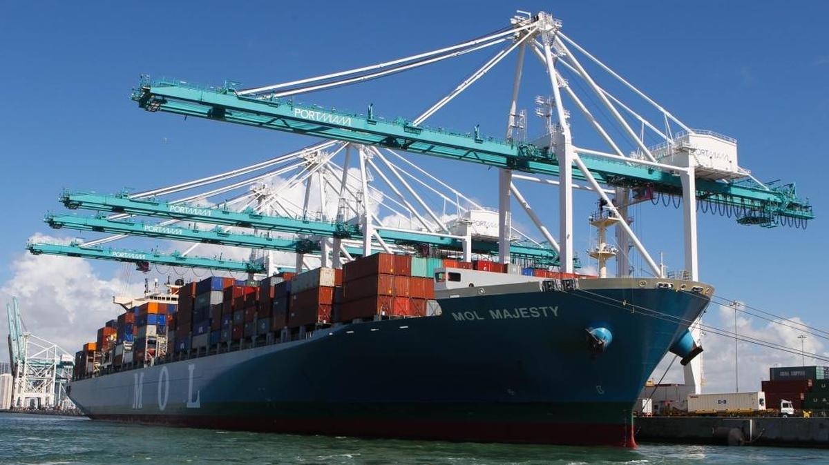The Mol Majesty, the first big ship to transit the expanded Panama Canal, arrived Saturday, July 9, at PortMiami. The port was awarded $33 million in state grants Friday for future expansion plans.