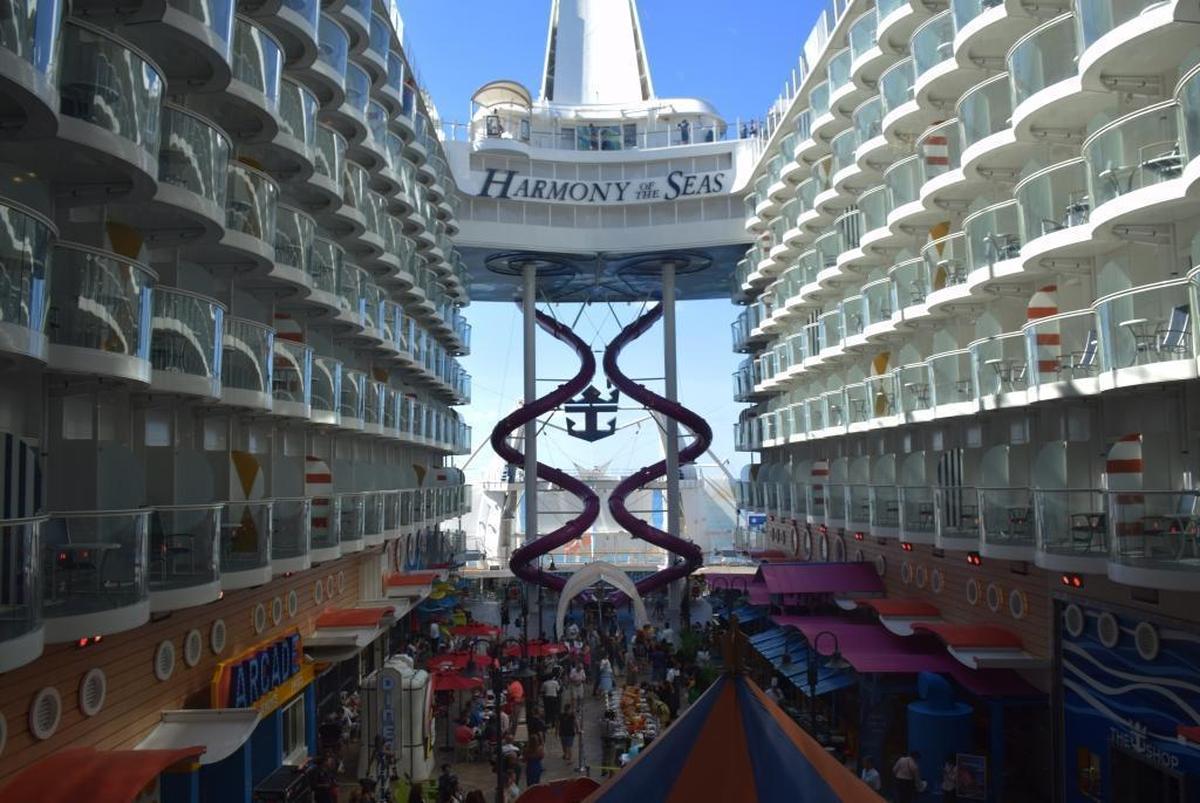 The Boardwalk and at the back of the ship, Ultimate Abyss, a 10-story slide, onboard Royal Caribbean International’s Harmony of the Seas.