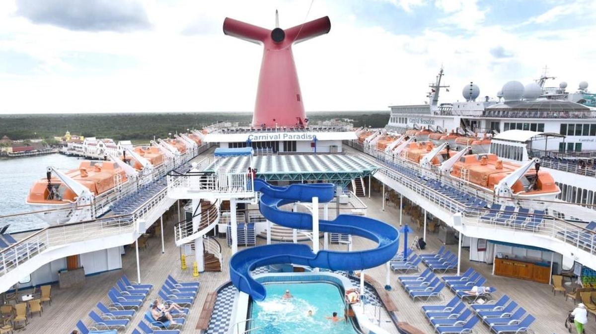 The pool deck on the 2,052-passenger Carnival Paradise.