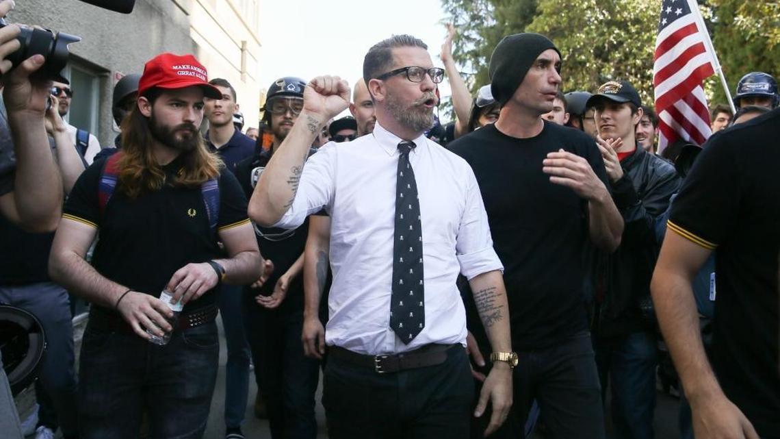 Right wing provocateur and Vice co-founder Gavin McInnes (C) pumps his fist during a rally at Martin Luther King Jr. Civic Center Park on April 27, 2017 in Berkeley, California. Protestors gathered in Berkeley to protest the cancellation of a speech by American conservative political commentator Ann Coulter at UC Berkeley.