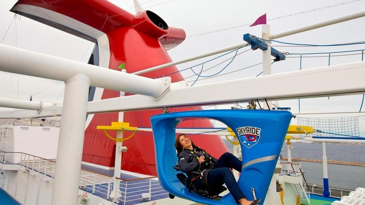 Carnival Cruise Line’s President Christine Duffy tries out SkyRide aboard the Carnival Vista while the vessel is docked in Marseilles, France.