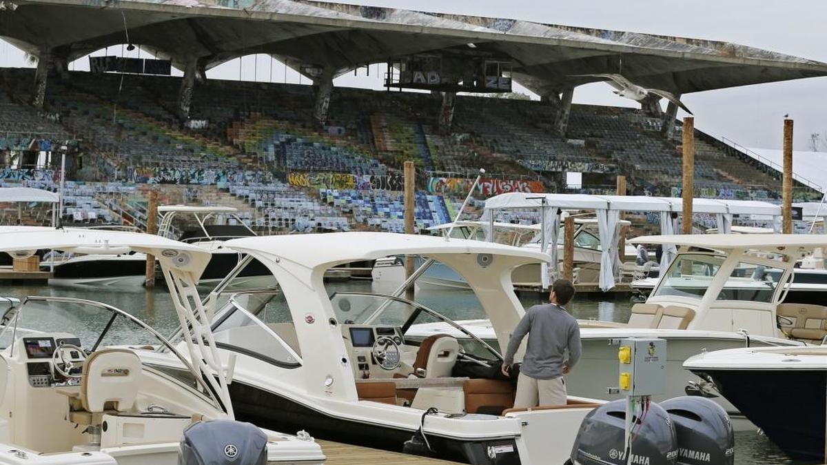 The old Miami Marine Stadium is seen as preparations are underway for this weekends Miami International Boat Show on Virginia Key on Tuesday.