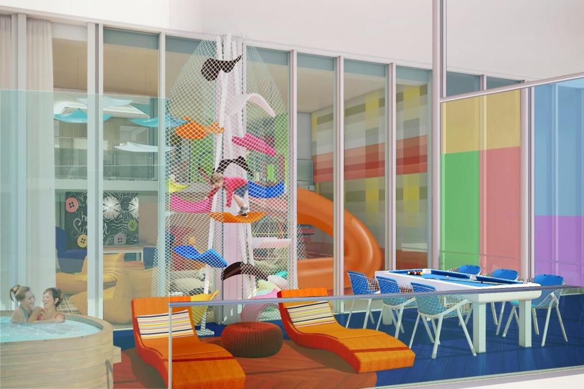 Rendering of the Ultimate Family Suite on Symphony of the Seas. The suite will have many family-friendly features, including a whirlpool, pool table, LEGO wall and slide.