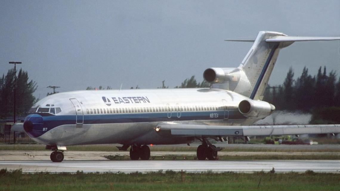An original Eastern Air Lines Boeing 727 aircraft at Miami International Airport in the 1980s.