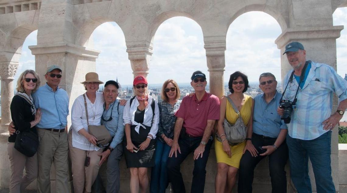 The Danube Dozen in Budapest, from left: Lori and Bob Welbon, Donna and John Underwood, Jane Wooldridge, Sandy and Wade Adams, Neha Kapoor, Sam Hollander, Stetson Glines, all of Miami. Not shown: Judith and Bernard Javelly.