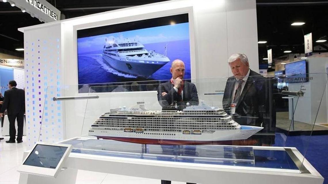 Ship building giant Fincantieri booth at the Seatrade Cruise Global annual cruise conference in Fort Lauderdale on Tuesday, March 14, 2017.