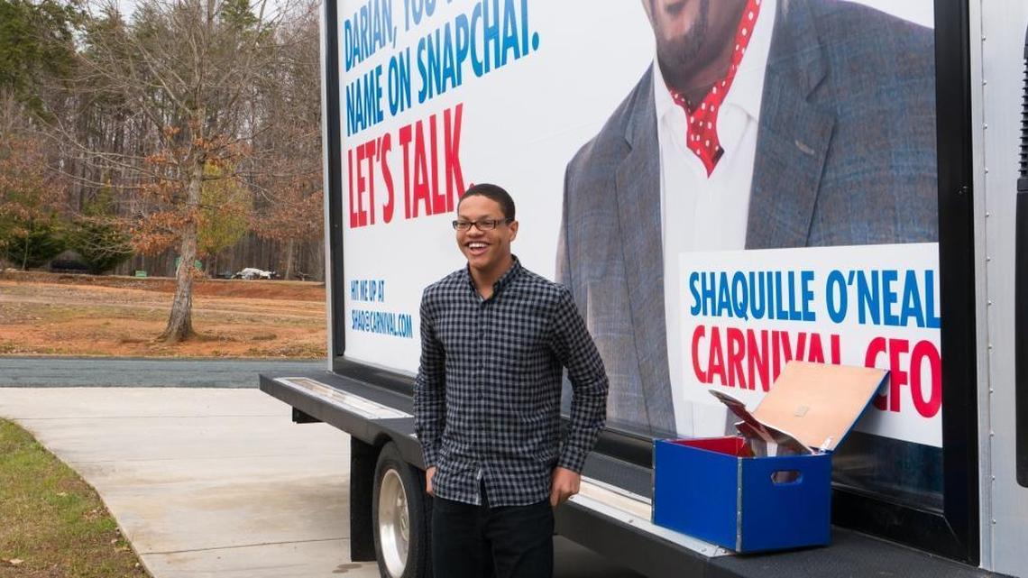 Darian Lipscomb is surprised at his home in Prospect, Virginia, with an offer from Carnival Cruise Line in exchange for his Snapchat handle.