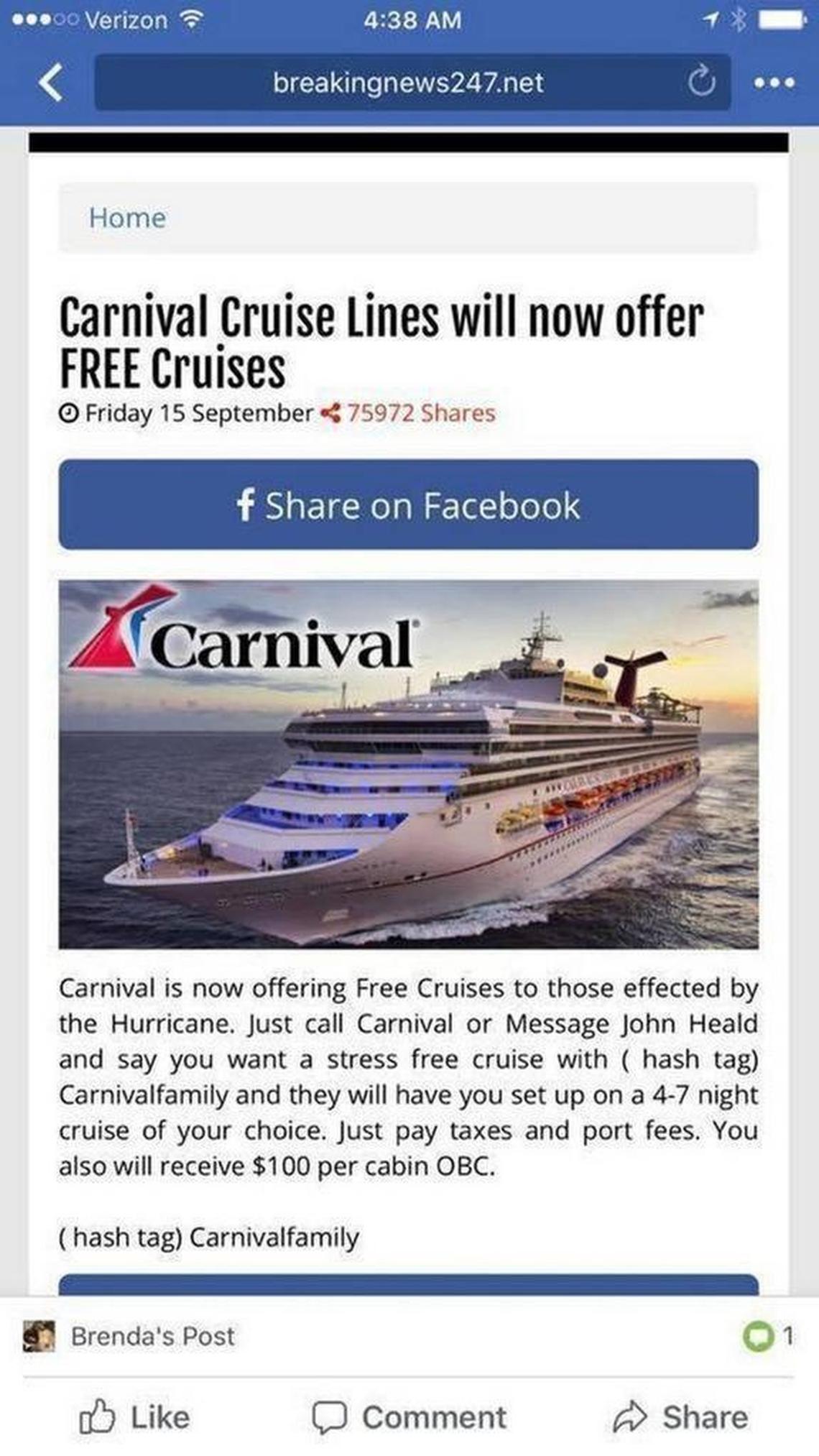 A fake advertisement for a “free” Carnival Cruise Line cruise — just pay taxes and port fees — for victims of the 2017 hurricane season was posted on Facebook and debunked by British Carnival cruise director John Heald.