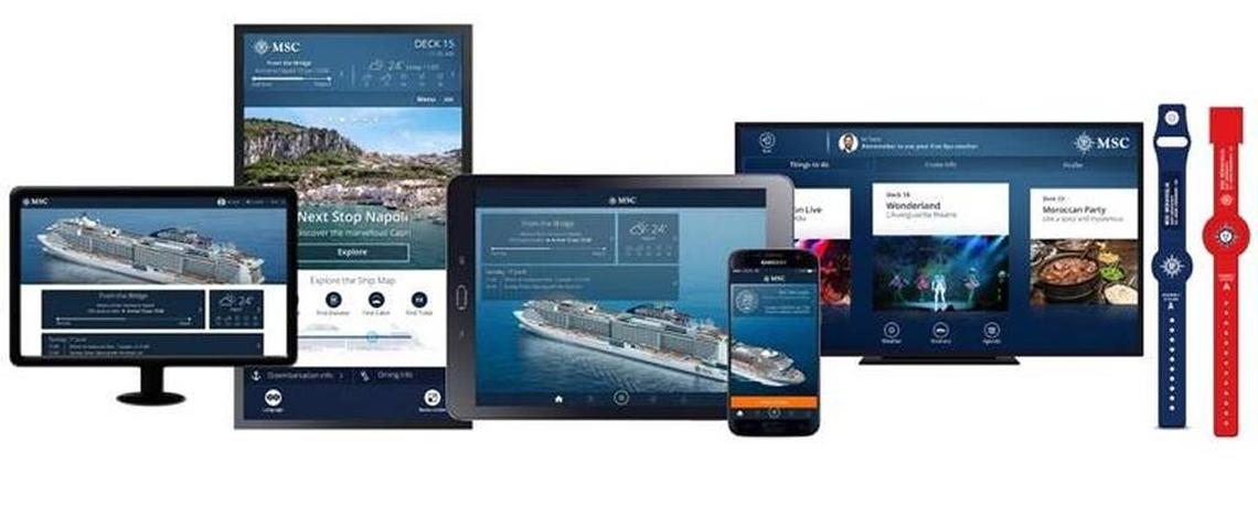 The multiple potential access points for MSC Cruises’ MSC for Me app, which can be accessed on smart phones, tablets, computers, stateroom TVs and interactive screens onboard.