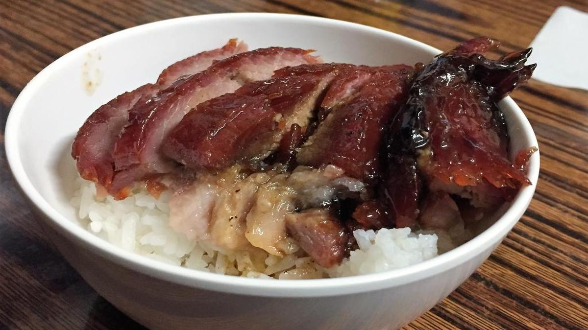 Roasted pork, Cantonese style, and rice on a Hong Kong Foodie tasting tour.