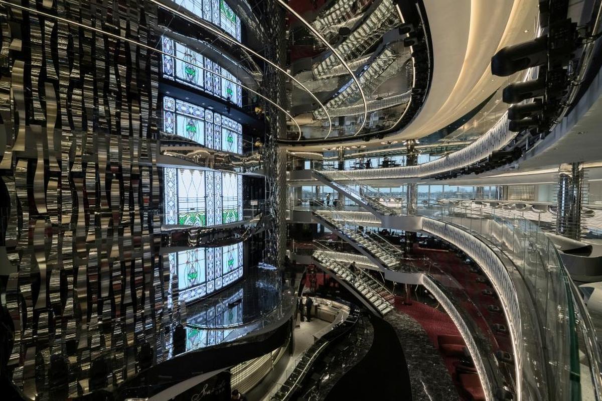 MSC’s four-deck atrium features a massive LED display that changes from undersea scenes to far-away places.