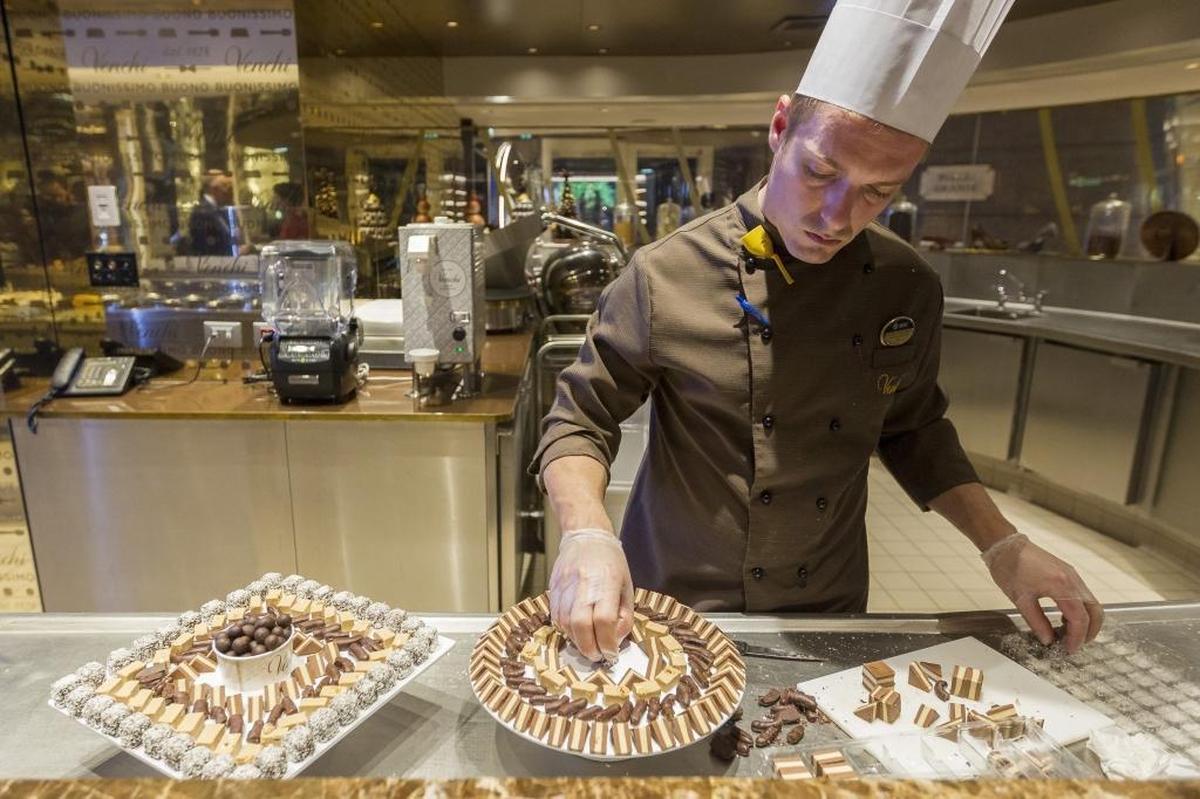 Alessio Piantanida, executive pastry chef aboard MSC Seaside, whips up chocolate treats at Venchi, a shipboard shoppe from the Italian chocolatier.