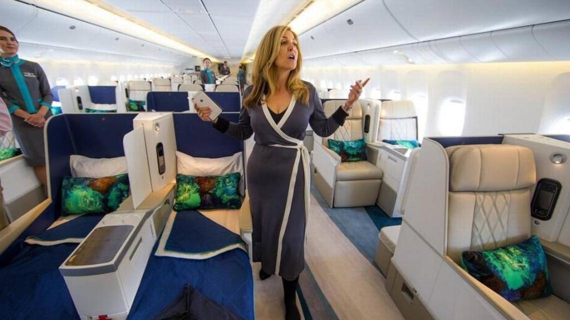 Edie Rodriguez, former president and CEO of Crystal Cruises, explains the layout of Crystal’s brand new 777 luxury jet at Boeing Field on Aug. 1, 2017 in Seattle.