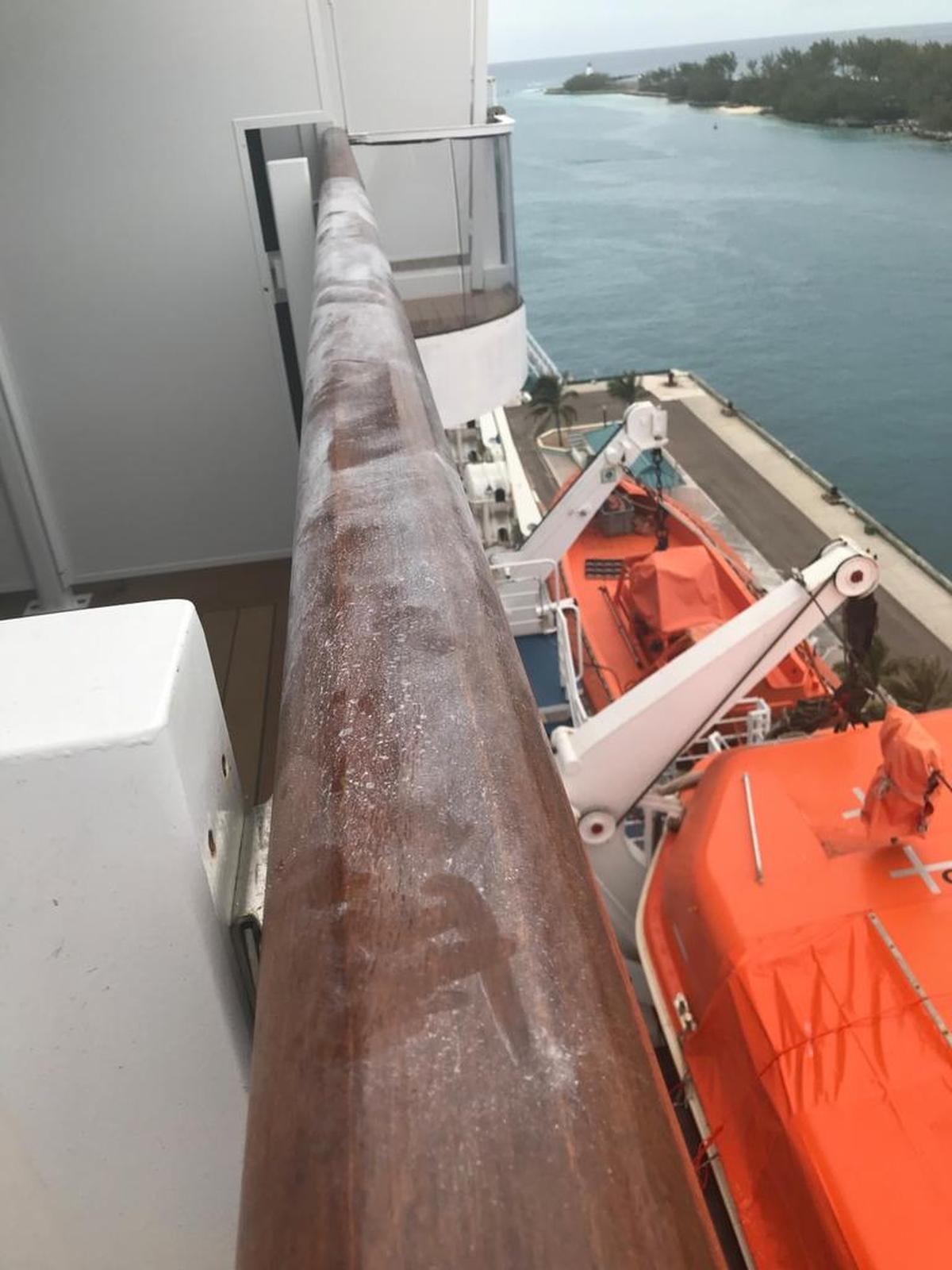 The balcony railings in stateroom G29 from where a woman apparently fell on the Carnival Elation. The photo was taken by a passenger from Jacksonville who wishes to remain anonymous.