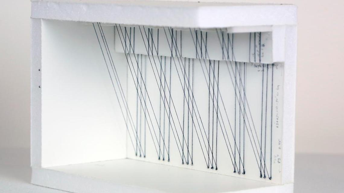 
“Black Cord: Vertical, Diagonal and Diagonal, 2014,” Foam board construction with sewing thread and pins. 5 ¾ x 7 ¼ x 4 inches. At the MDC Museum of Art + Design Design Lab through Jan. 31, 2016.
