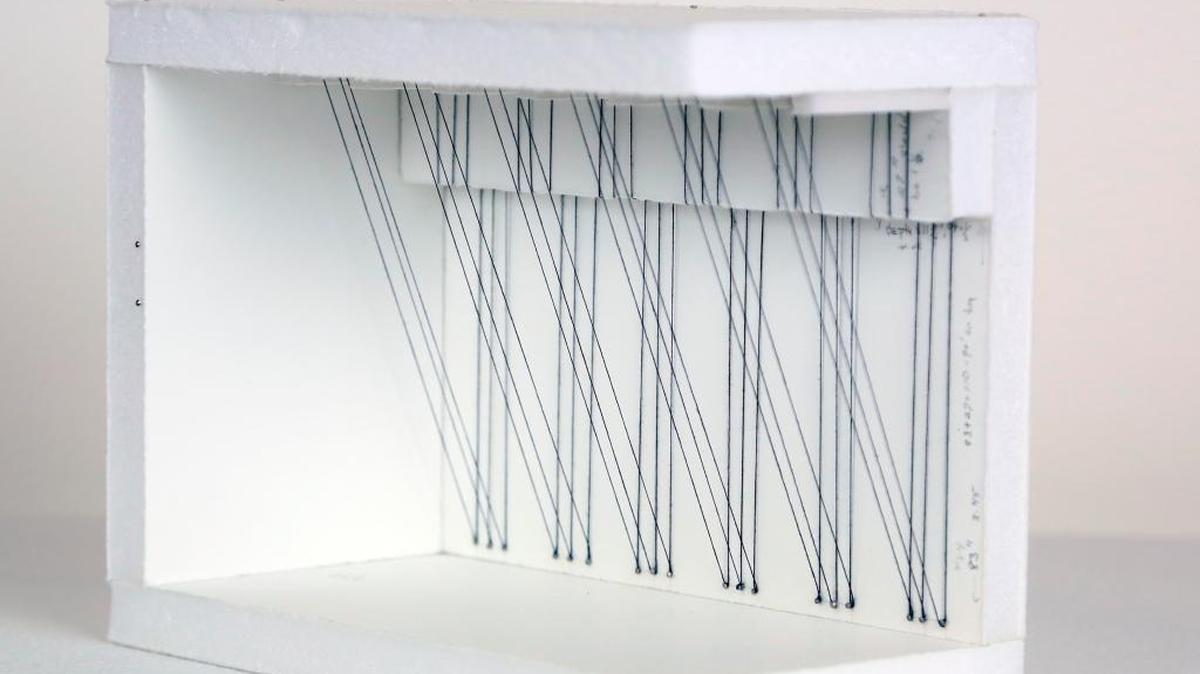 
“Black Cord: Vertical, Diagonal and Diagonal, 2014,” Foam board construction with sewing thread and pins. 5 ¾ x 7 ¼ x 4 inches. At the MDC Museum of Art + Design Design Lab through Jan. 31, 2016.
