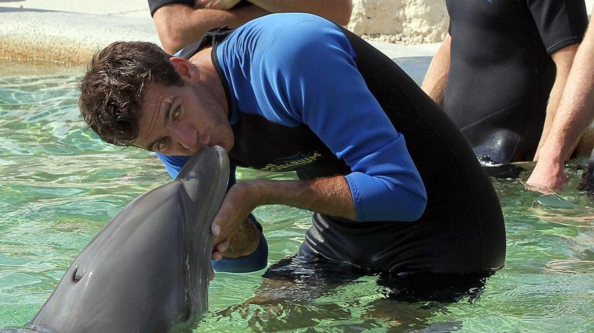 Juan Martin Del Potro kisses a dolphin during as a group of tennis players visited the Miami Seaquarium to swim with the dolphins, in March 2015.