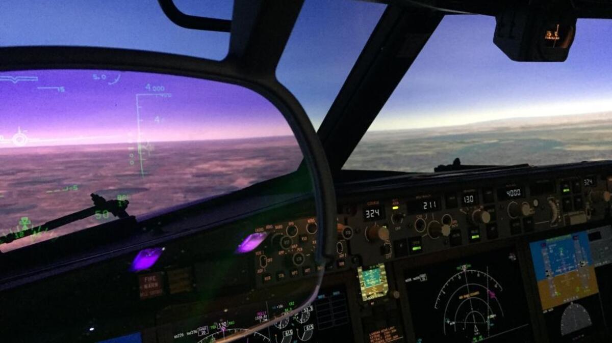 The pilot’s view in the cockpit of a 737 MAX full-flight simulator on hold in a midair flight over Moses Lake, Washington, on Thursday, May 5, 2017 at Boeing’s Miami Campus. Delivery of the first of the new aircraft is due to begin in June. Meantime, FAA and European inspectors were flying the simulator as part of the certification process.