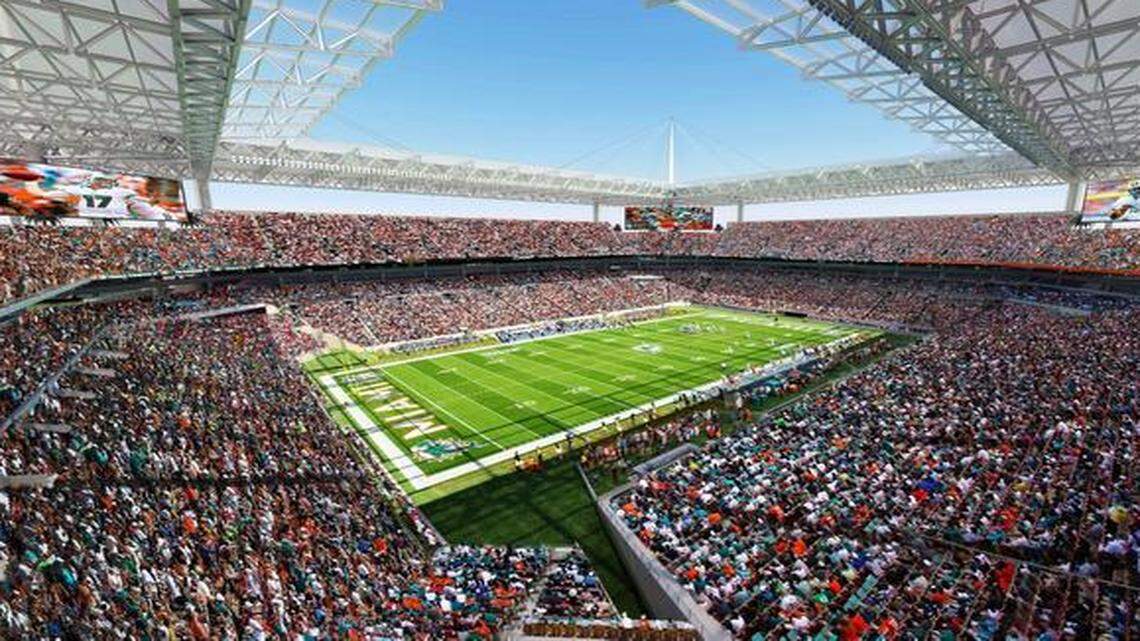 
Rendering of proposed changes to Sun Life Stadium, showing partial roof covering.
