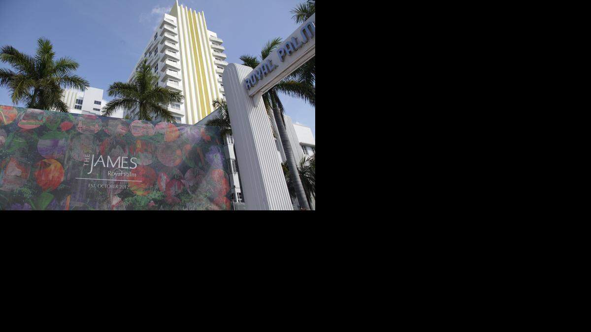 
A banner announced the James Royal Palm before it opened in 2012. The hotel is selling to a new owner.
