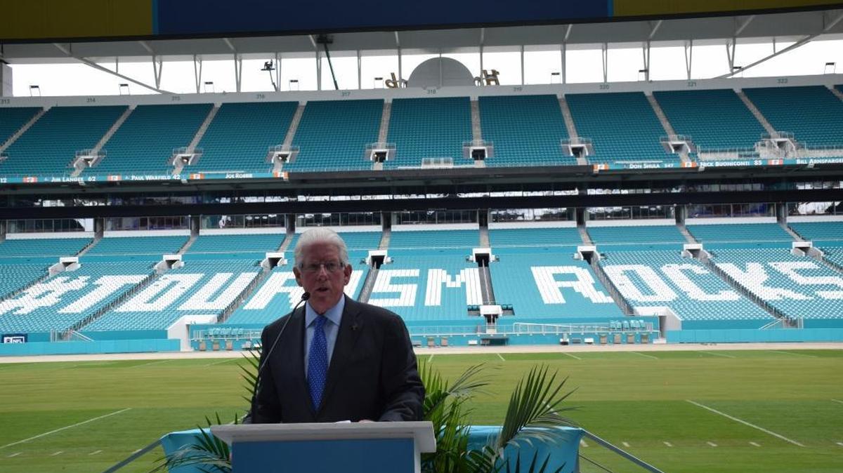 William D. Talbert, III, president of the Greater Miami Convention and Visitors Bureau, discusses the local tourism industry’s record breaking numbers in the 2015/2016 fiscal year at the bureau’s annual meeting Tuesday held at Hard Rock Stadium in Miami Gardens.