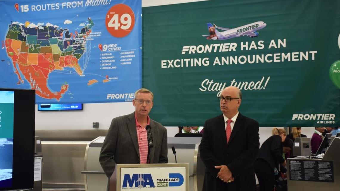 Rick Zeni, chief information office for Frontier Airlines, left, and Miami-Dade Aviation Director Emilio T. González, announce nine new routes for Frontier at a press conference at Miami International Airport on Tuesday, July 18, 2017.
