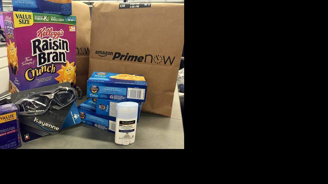 
Amazon Prime Now offers a selection of items that can be delivered, like lunch, in a brown bag within an hour.
