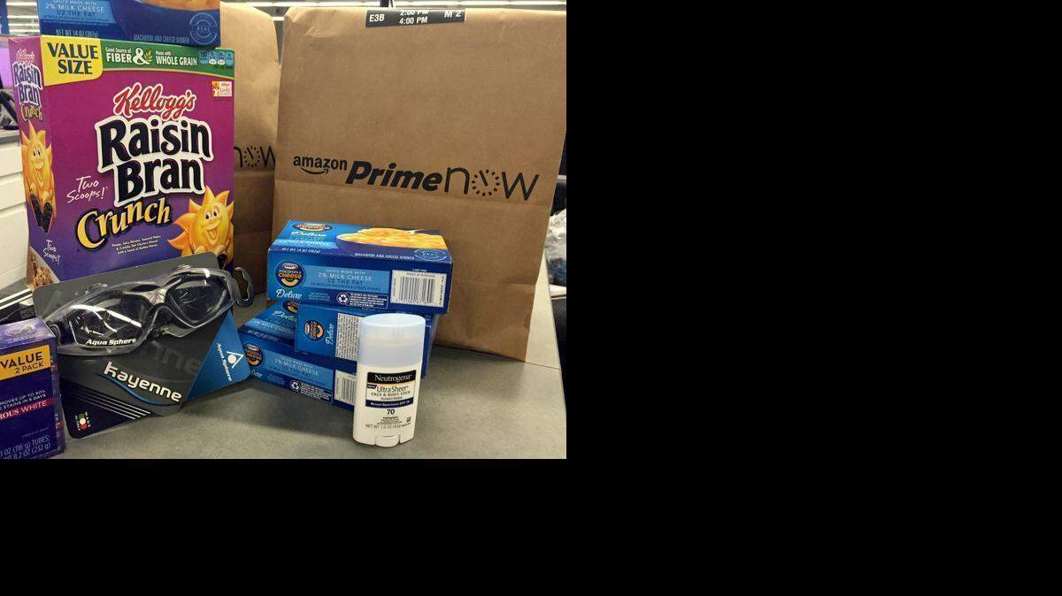 
Amazon Prime Now offers a selection of items that can be delivered, like lunch, in a brown bag within an hour.
