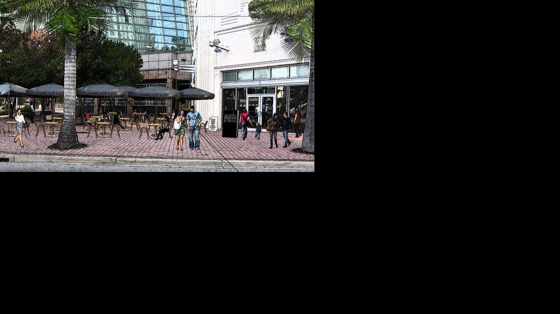 
A rendering shows a planned outdoor seating area for the new Books & Books restaurant moving in to the Arsht Center.
