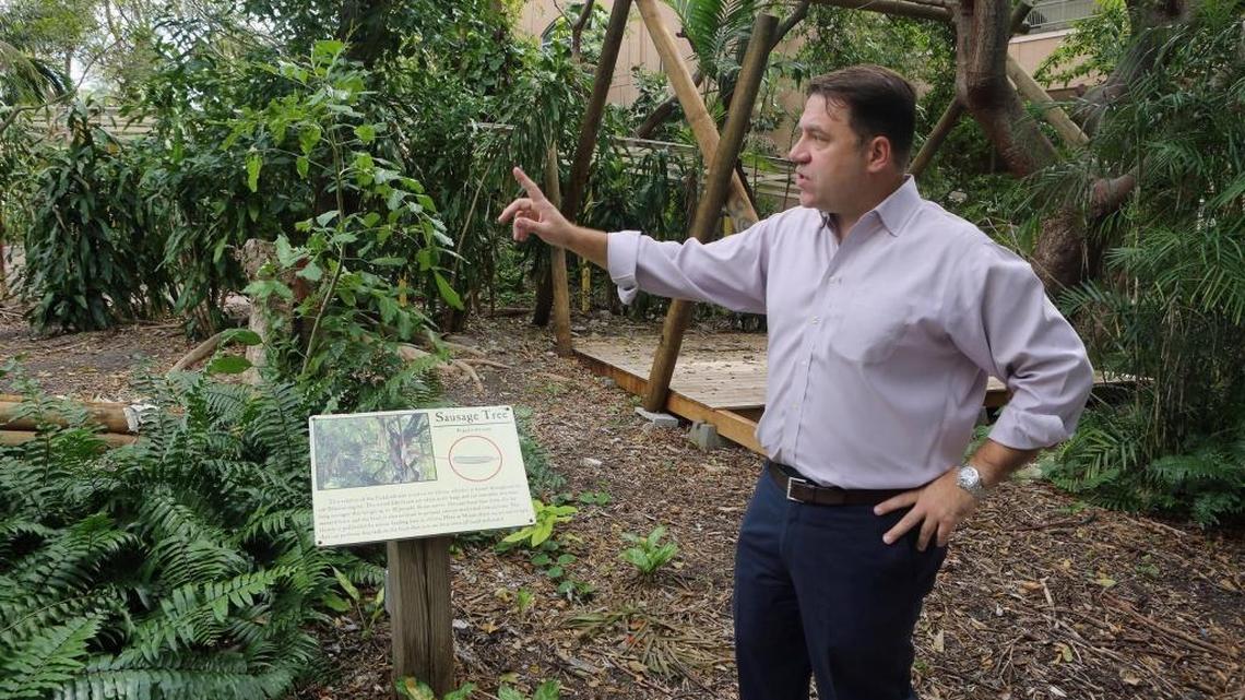John Dunlap, CEO of Iconic Attractions and president of Jungle Island, at the base of zip line towers in Jungle Island on Wednesday, Feb. 7, 2018. Hurricane Irma caused damage to the park, halting construction on the towers.