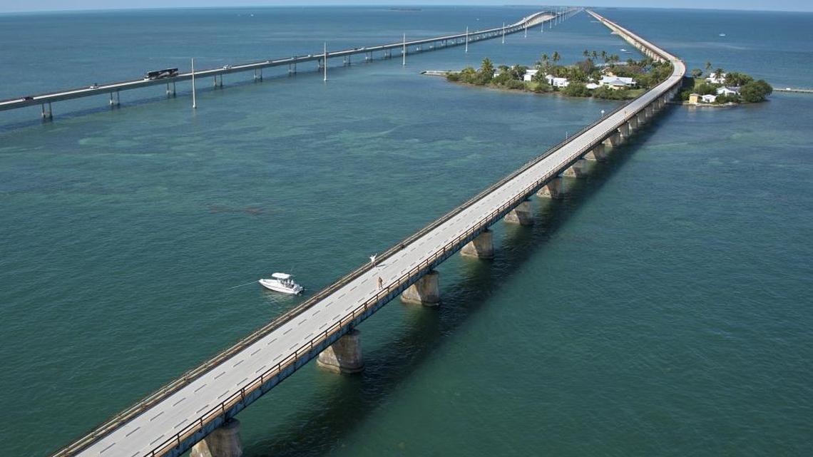 The Seven Mile Bridge, the current one at left and the historic one at right, near Marathon in the Florida Keys.