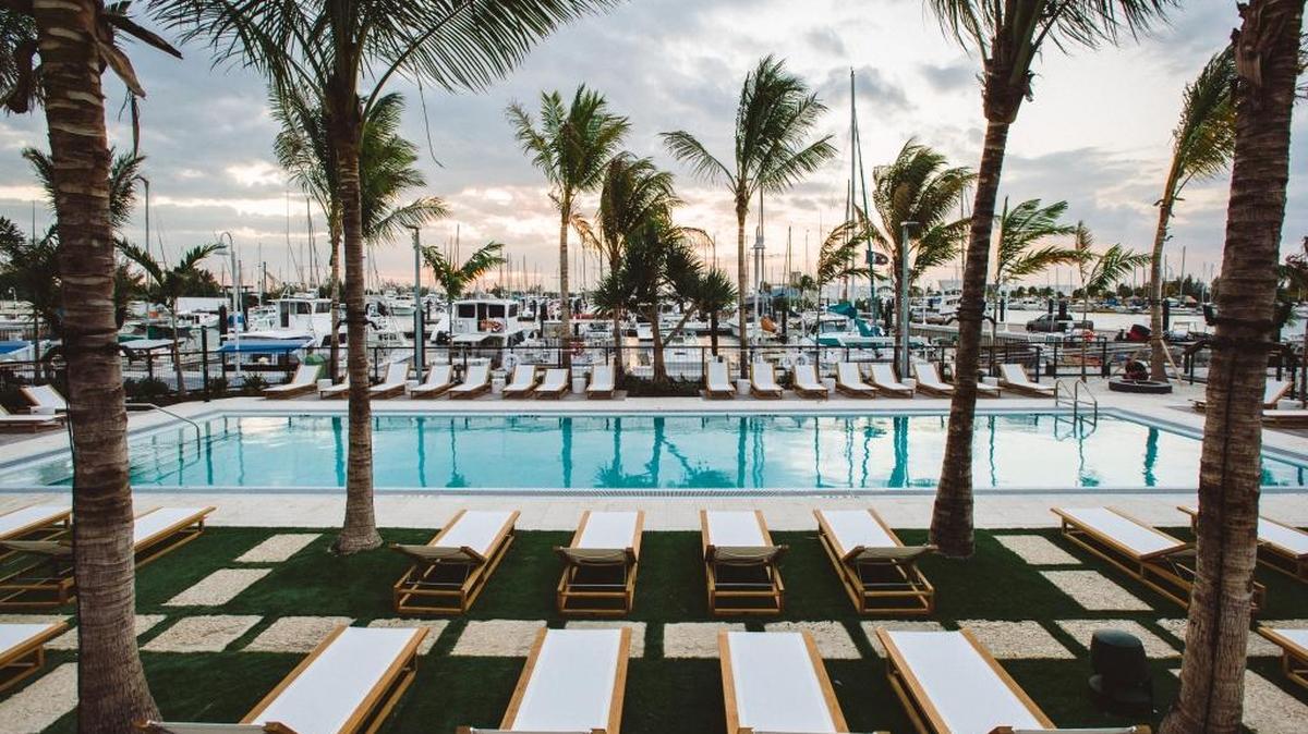 The pool deck at The Perry Hotel Key West. The hotel is located on the private Stock Island Marina and Village.