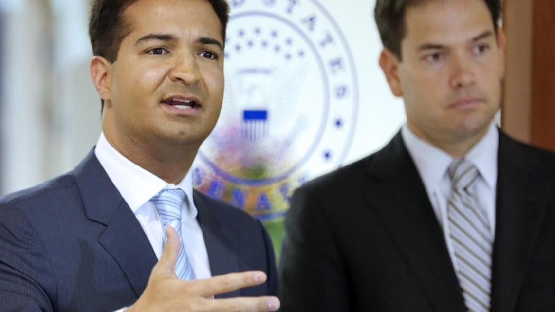 In this June 2016 photo, U.S. Rep. Carlos Curbelo, left, speaks with Sen. Marco Rubio, right, to urge their colleagues to pass the Obama Administration’s request for $1.9 billion to fight the Zika virus. Congress approved $1.1 billion in emergency funding for Zika this week.